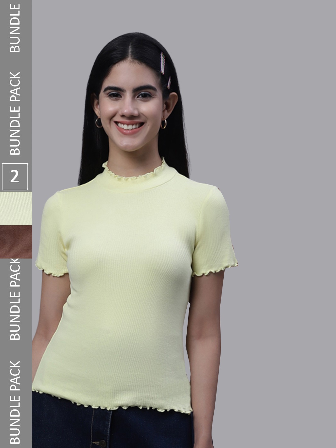 

FBAR Pack Of 2 High Neck Bio Washed Pure Cotton Ribbed Tops, Yellow
