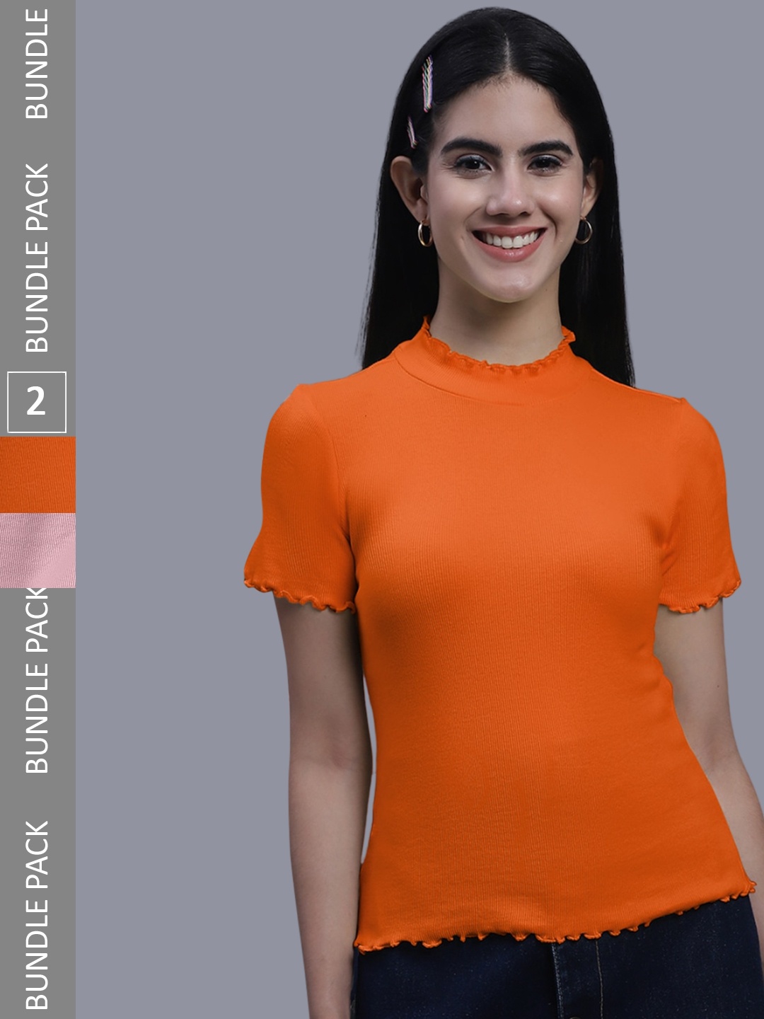 

FBAR Pack Of 2 Ribbed High Neck Fitted Cotton Tops, Orange