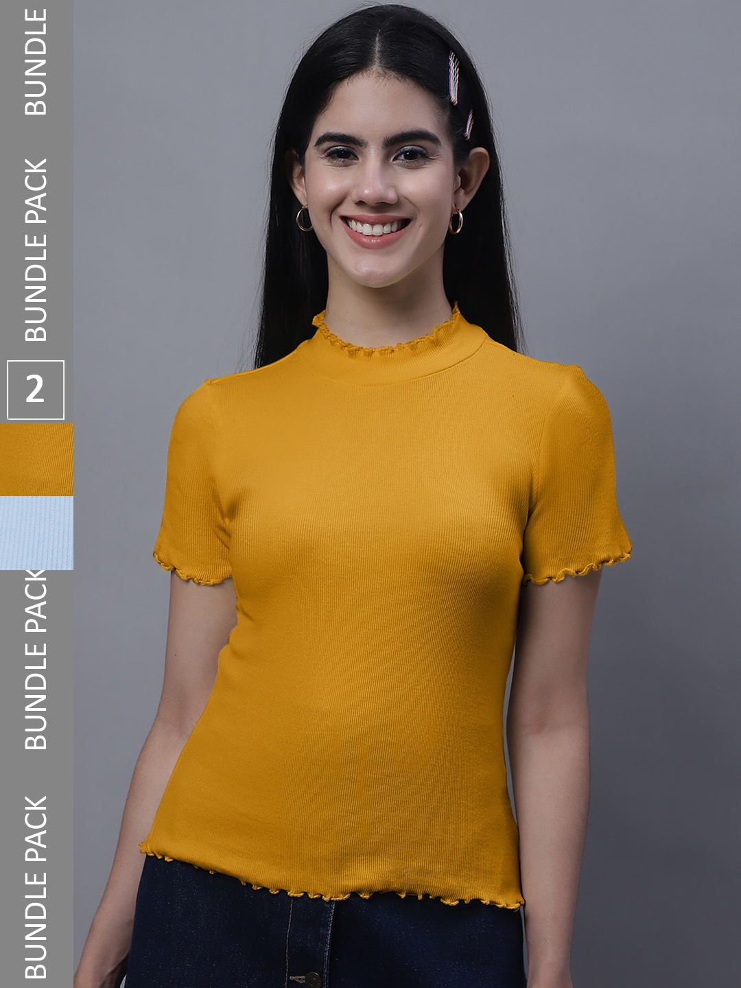 

FBAR Pack Of 2 Ribbed High Neck Fitted Cotton Tops, Blue