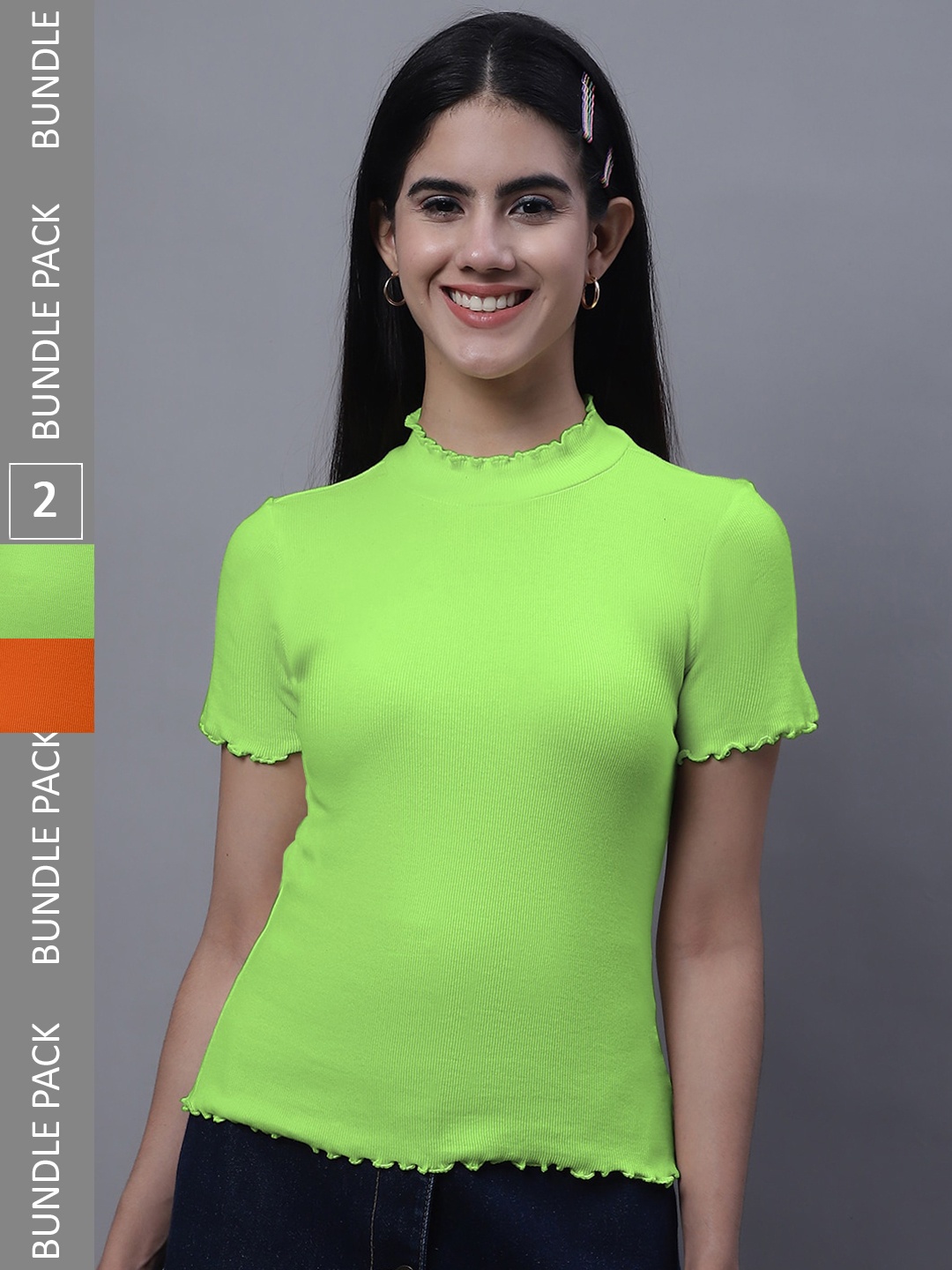 

FBAR Pack Of 2 Ribbed High Neck Cotton Fitted Tops, Orange