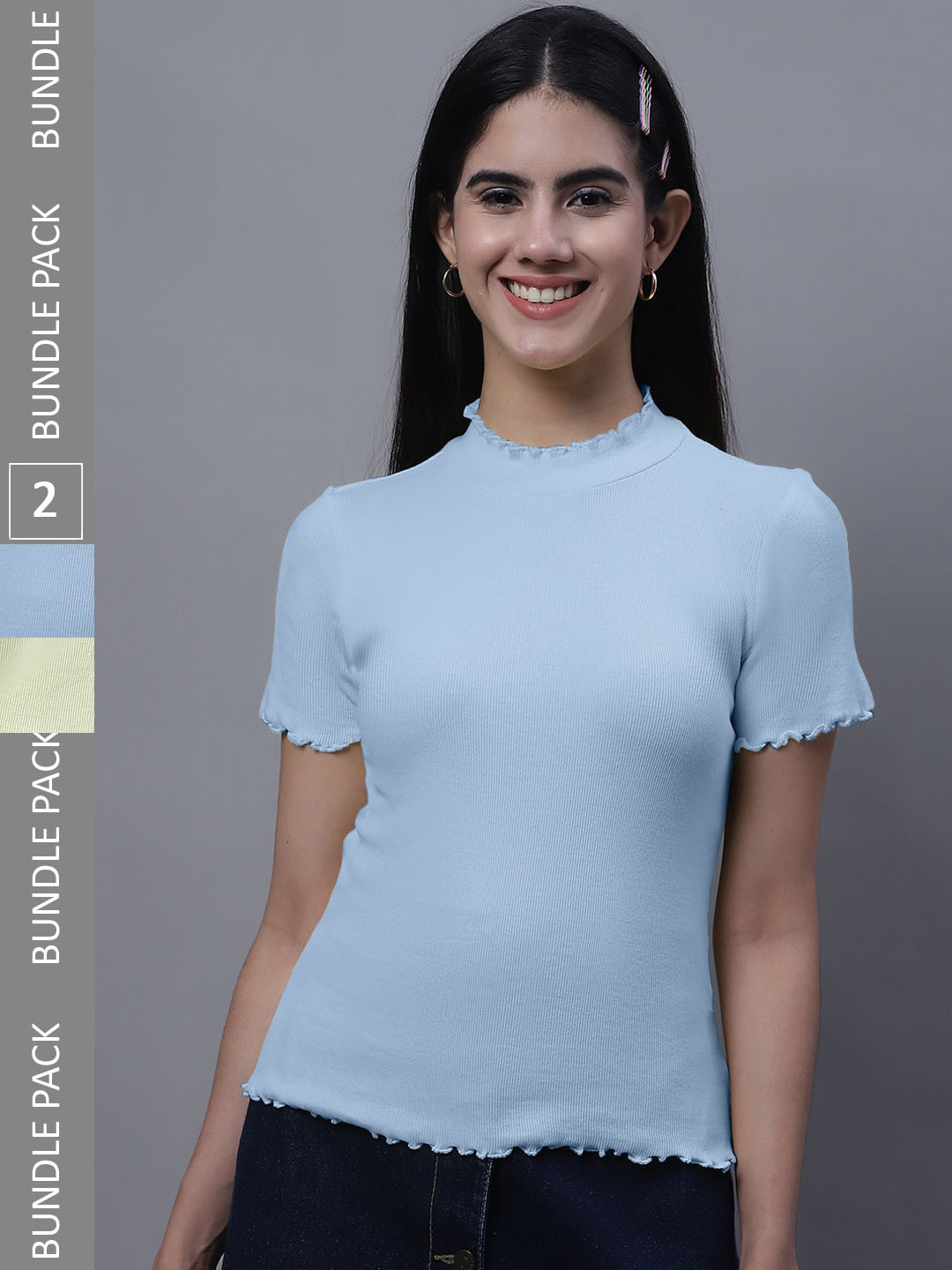 

FBAR Pack Of 2 Cotton High Neck Fitted Tops, Yellow