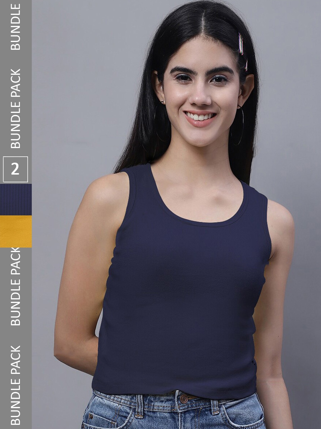 

FBAR Pack Of 2 Rib Round Neck Cotton Tops, Navy blue