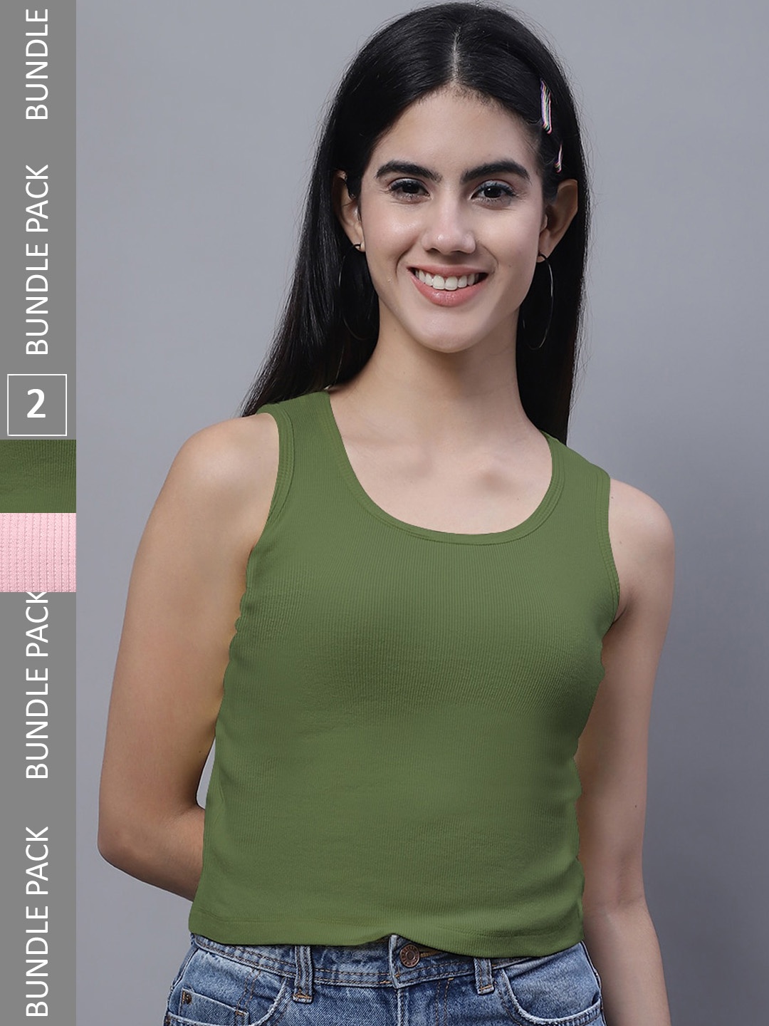 

FBAR Pack Of 2 Rib Round Neck Cotton Tops, Olive