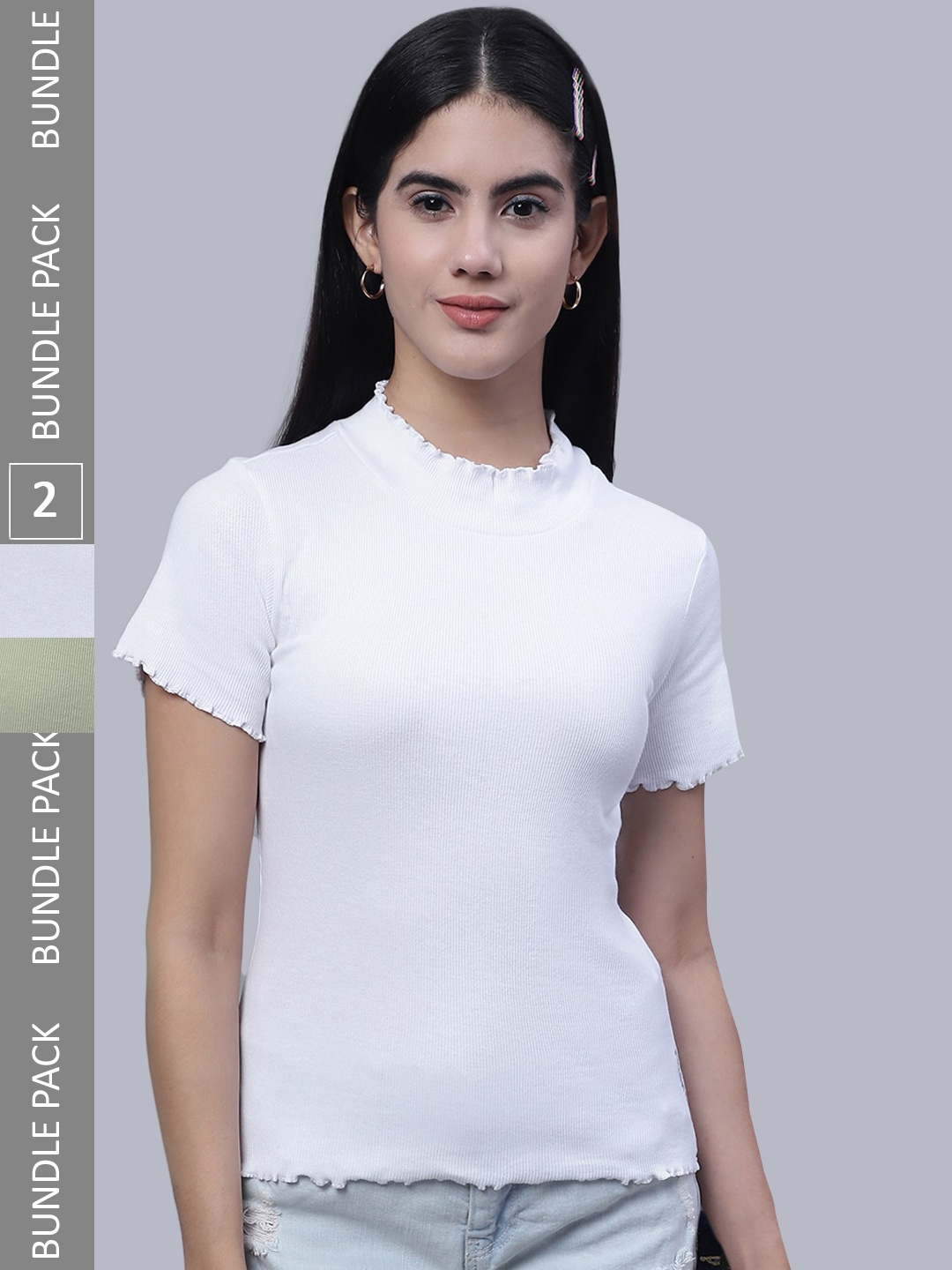 

FBAR Pack Of 2 Rib High Neck Cotton Regular Tops, White