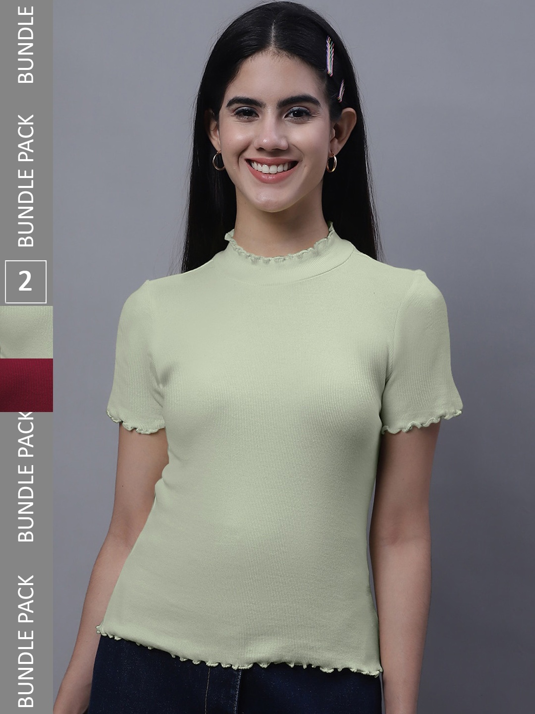 

FBAR Pack Of 2 Rib High Neck Cotton Regular Tops, Sea green