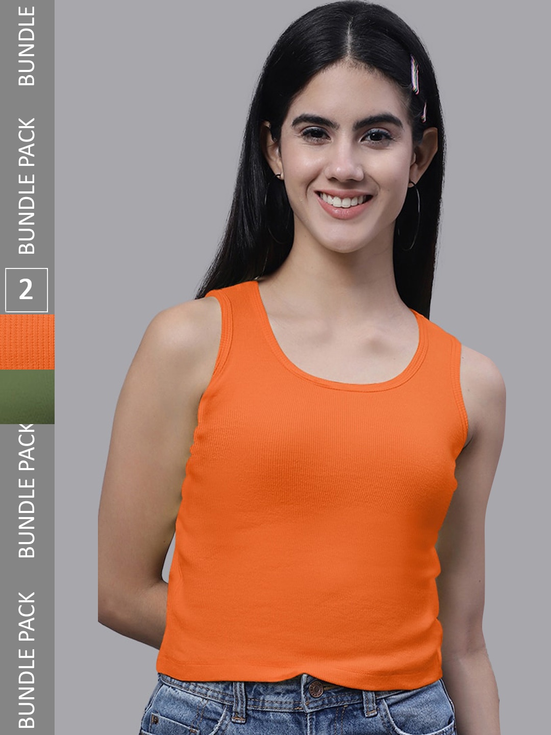 

FBAR Pack Of 2 Rib Round Neck Cotton Tops, Orange
