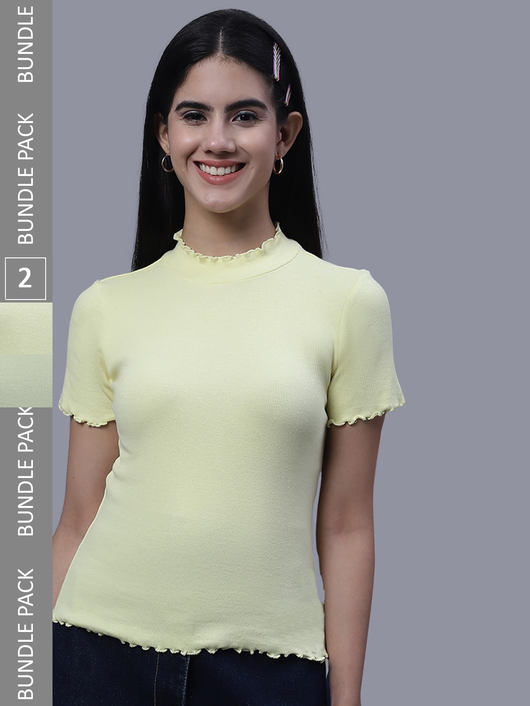 

FBAR Pack Of 2 Rib High Neck Cotton Regular Tops, Yellow