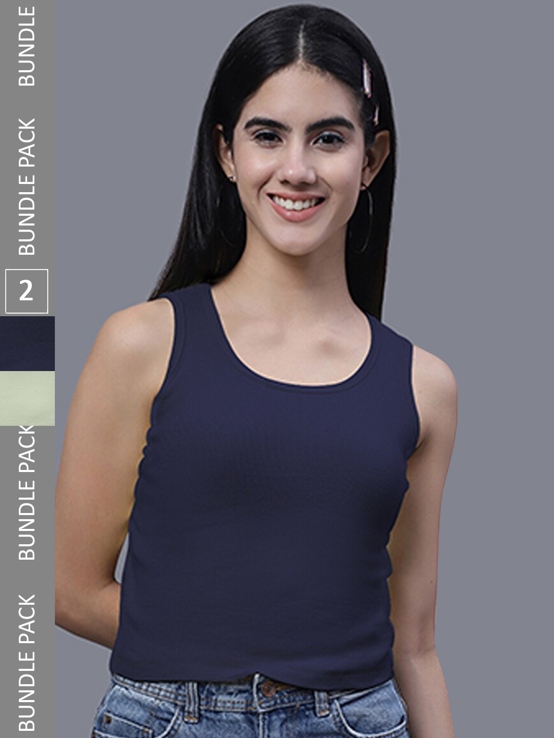 

FBAR Pack Of 2 Round Neck Cotton Crop Tank Tops, Navy blue