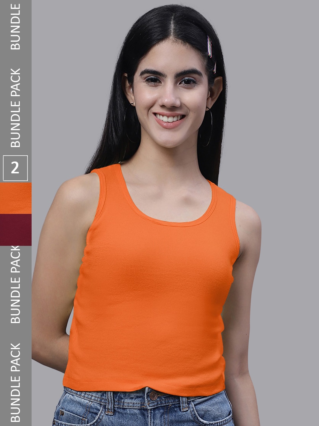 

FBAR Pack Of 2 Round Neck Cotton Crop Tank Tops, Orange