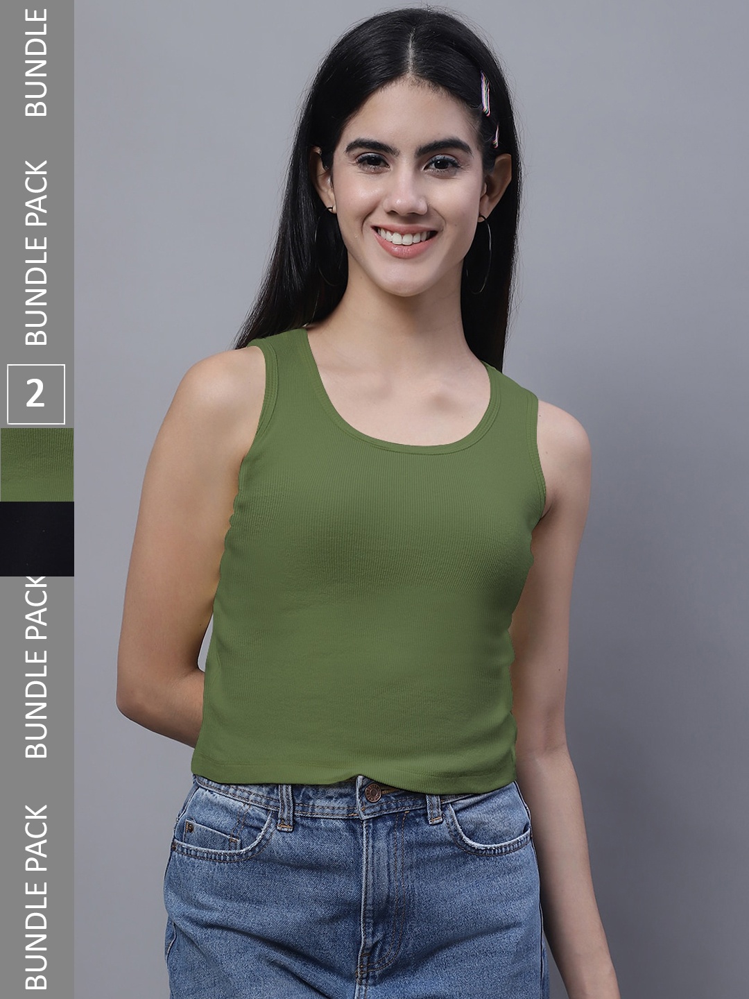 

FBAR Pack Of 2 Round Neck Cotton Crop Tank Tops, Black