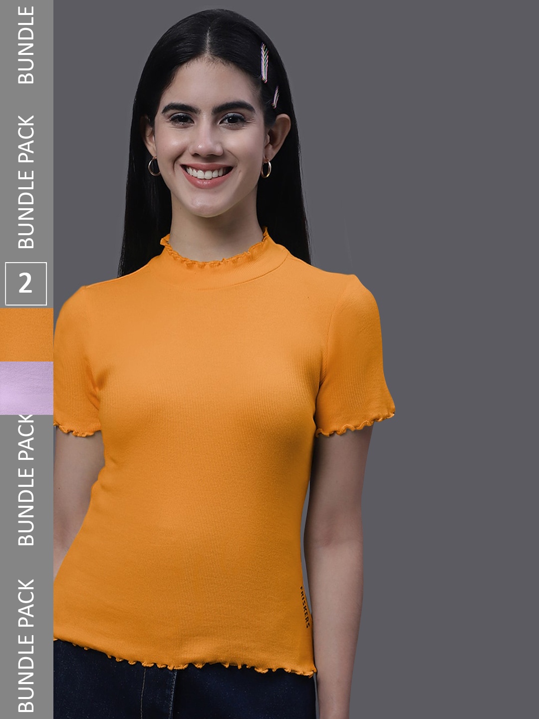 

FBAR Pack Of 2 High Neck Cotton Ribbed Fitted Tops, Orange