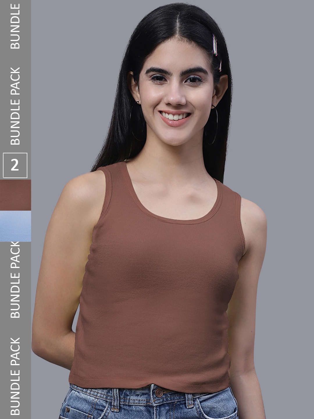 

FBAR Pack Of 2 Round Neck Cotton Crop Tank Tops, Brown