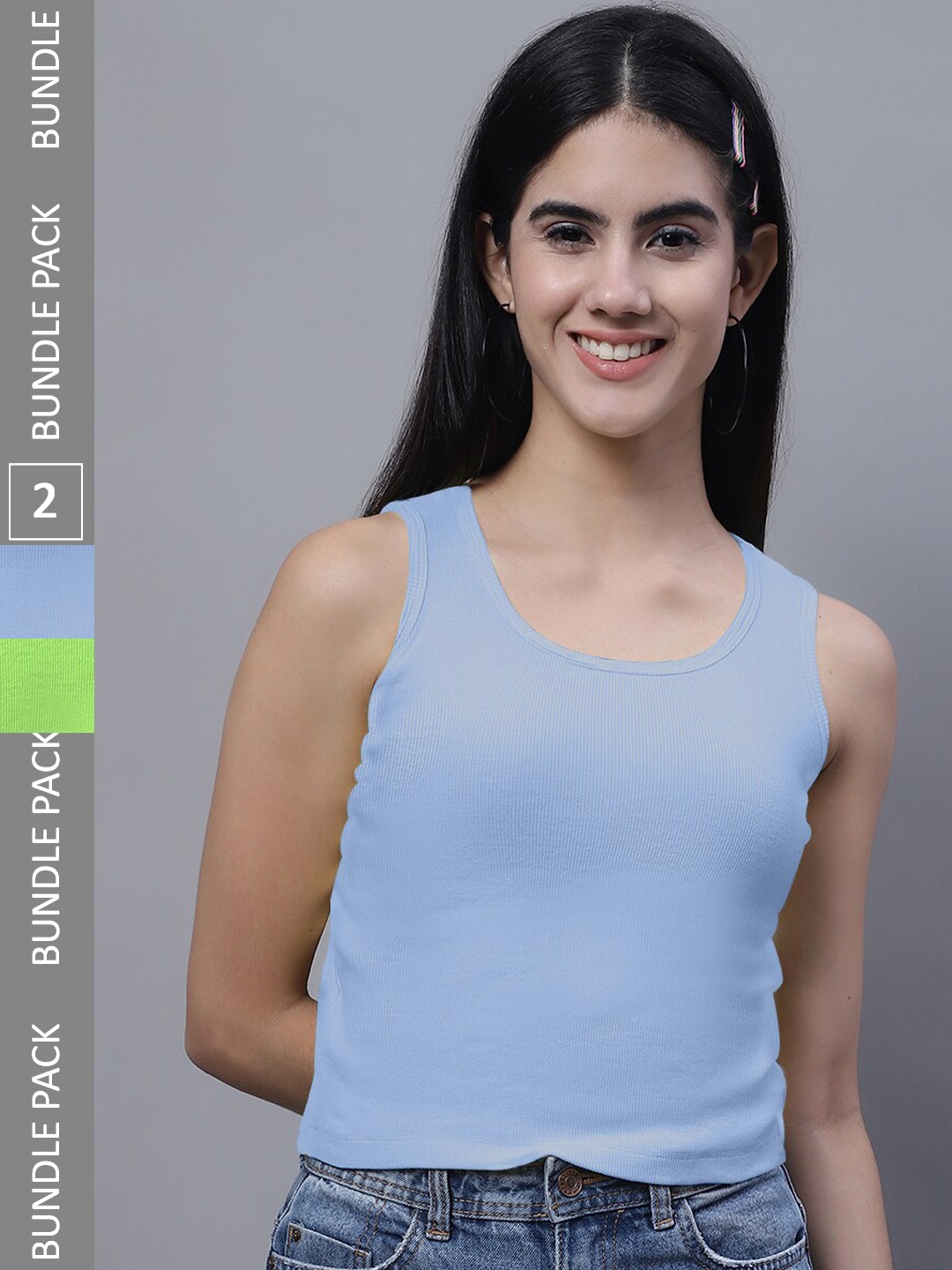 

FBAR Pack Of 2 Round Neck Cotton Crop Tank Tops, Green