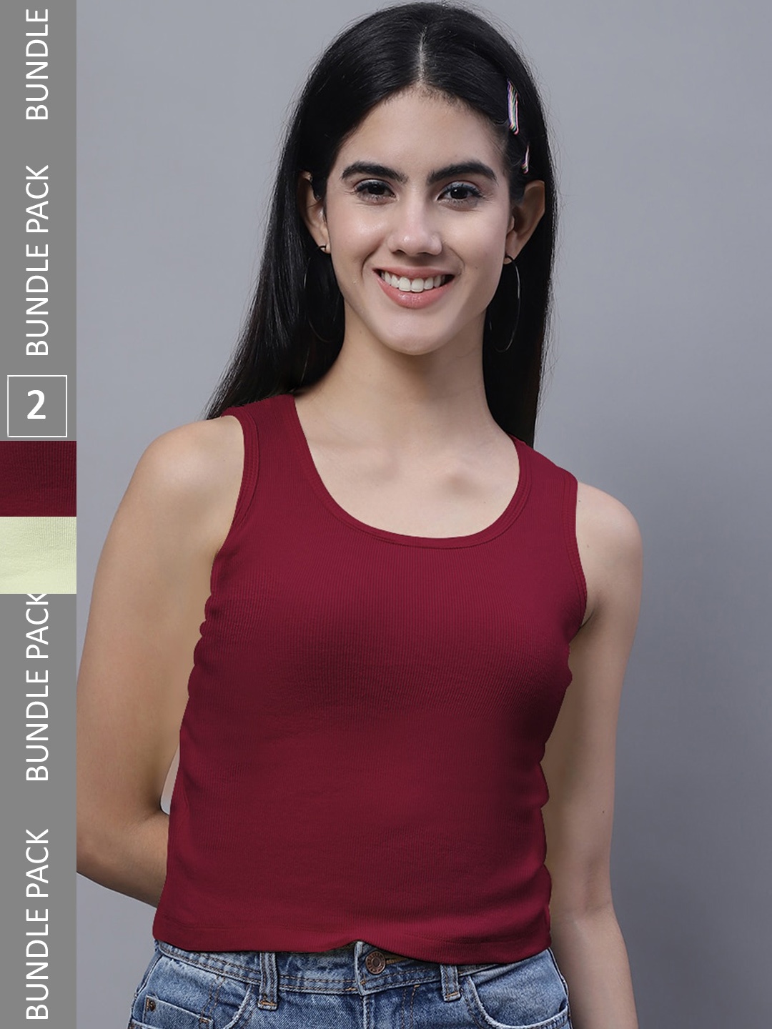 

FBAR Pack Of 2 Round Neck Cotton Crop Tank Tops, Yellow