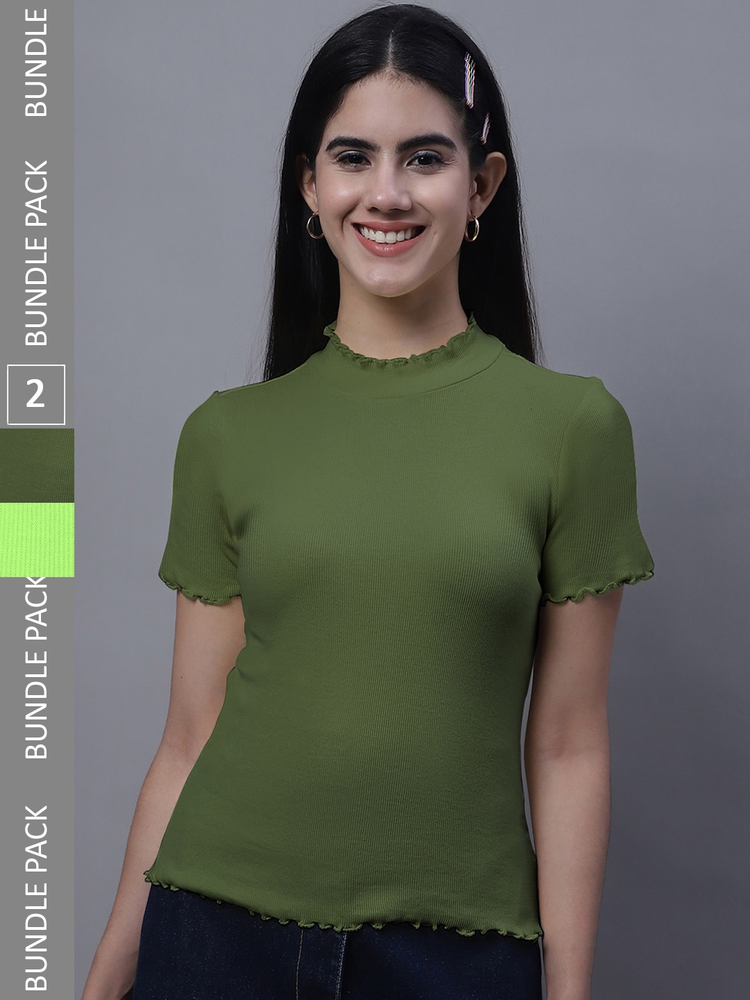 

FBAR Pack Of 2 High Neck Cotton Ribbed Fitted Tops, Green