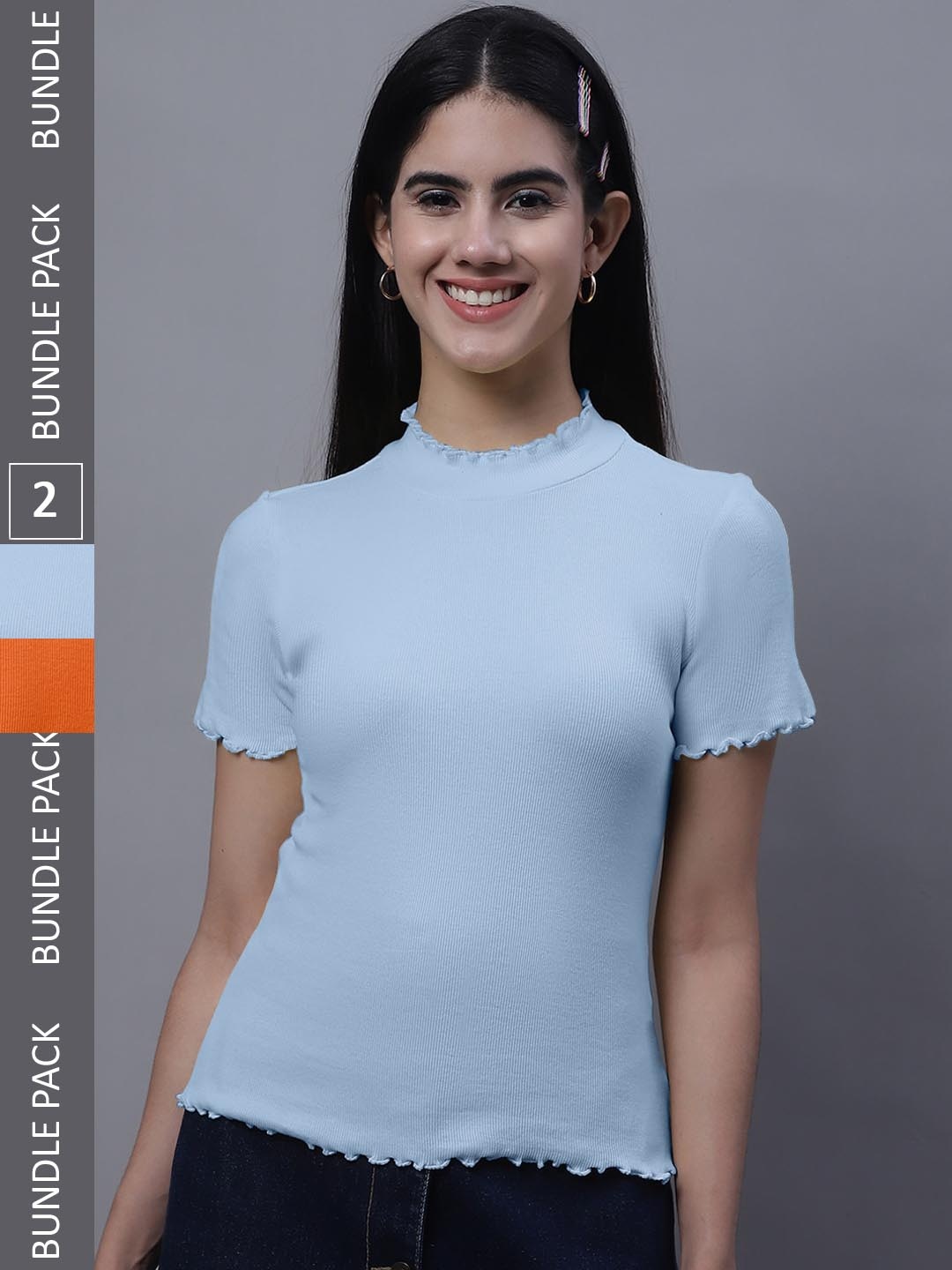 

FBAR Pack Of 2 High Neck Cotton Ribbed Fitted Tops, Orange