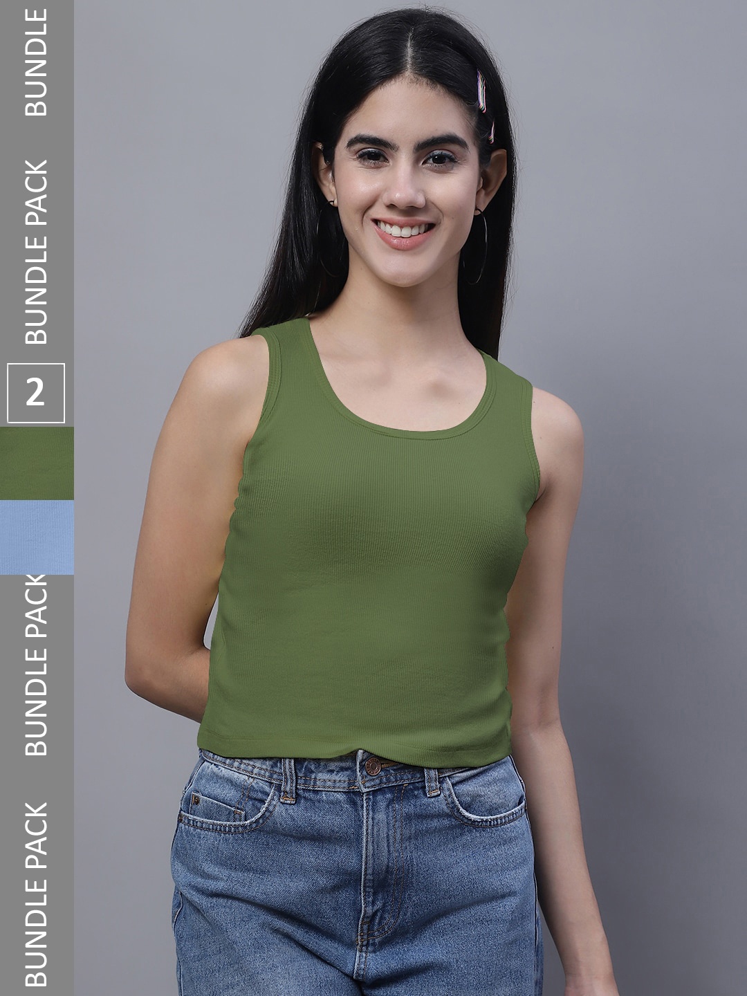 

FBAR Pack Of 2 Round Neck Cotton Crop Tank Tops, Turquoise blue