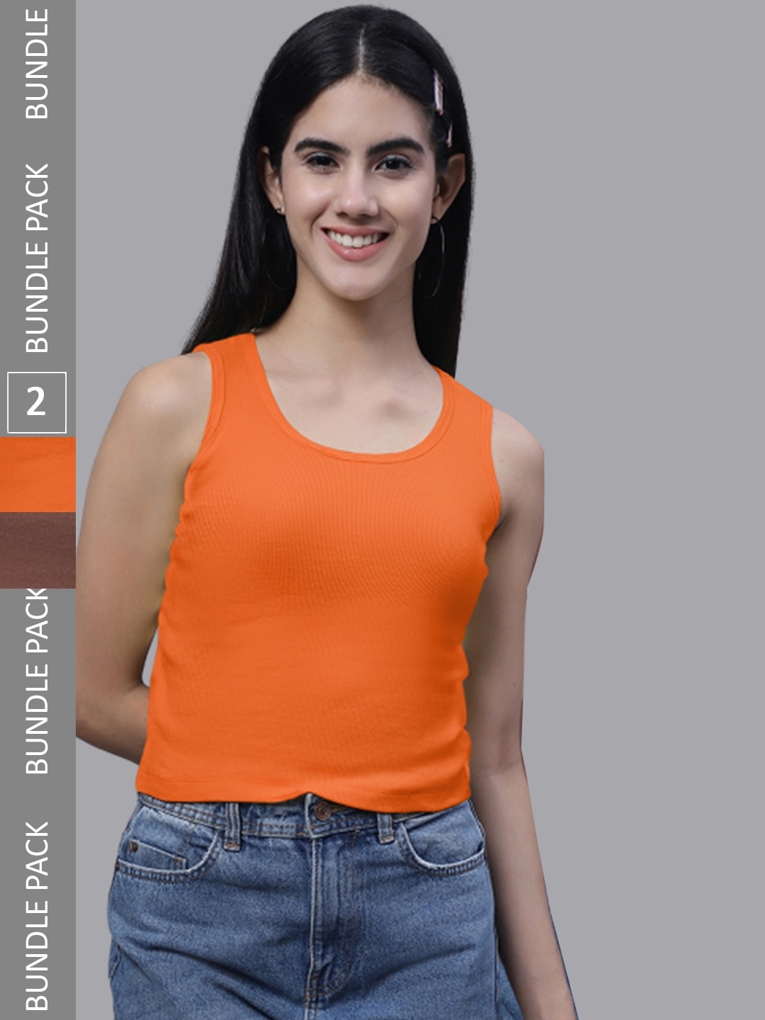 

FBAR Pack Of 2 Round Neck Cotton Crop Tank Tops, Orange