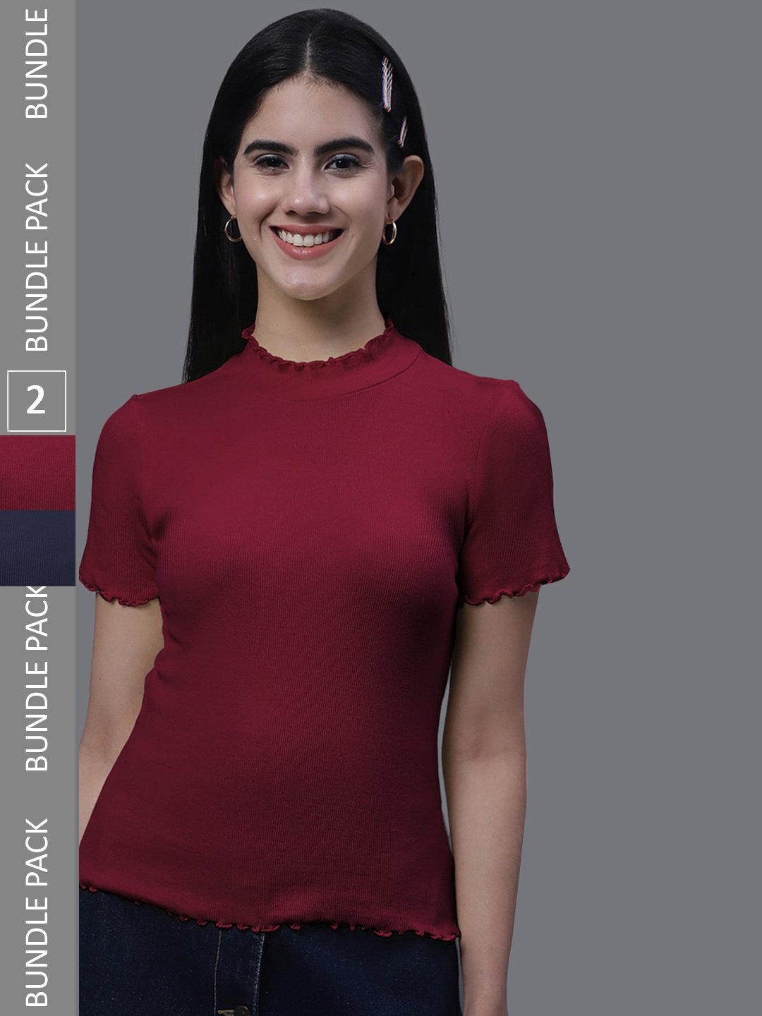 

FBAR Pack Of 2 Rib High Neck Cotton Regular Tops, Maroon