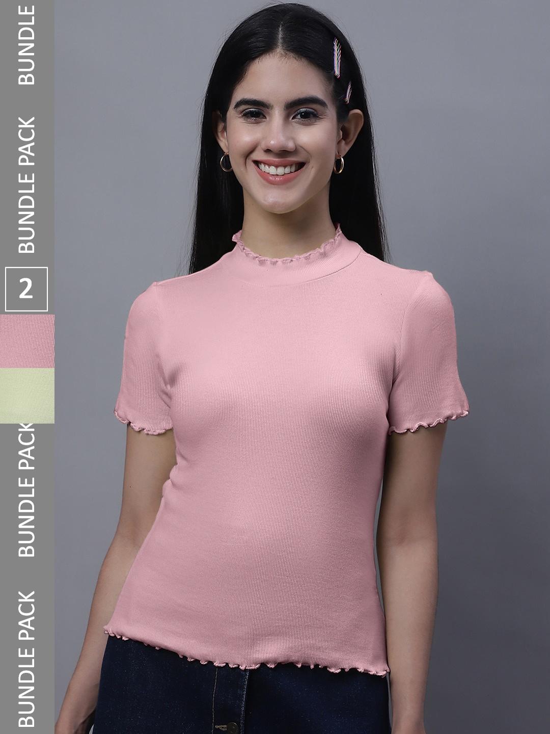 

FBAR Pack Of 2 Rib High Neck Cotton Regular Tops, Pink