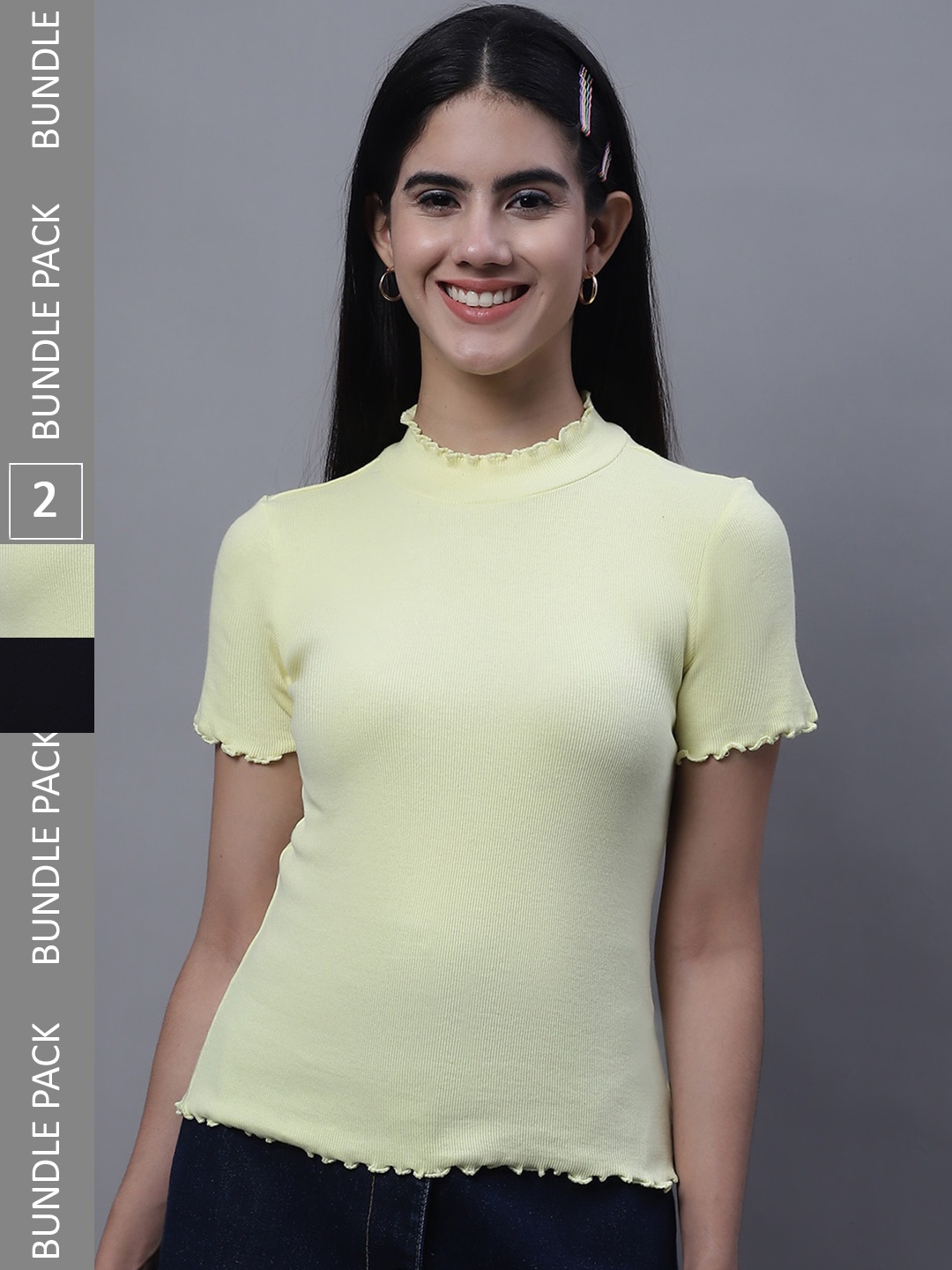 

FBAR Pack Of 2 Rib High Neck Cotton Regular Tops, Yellow