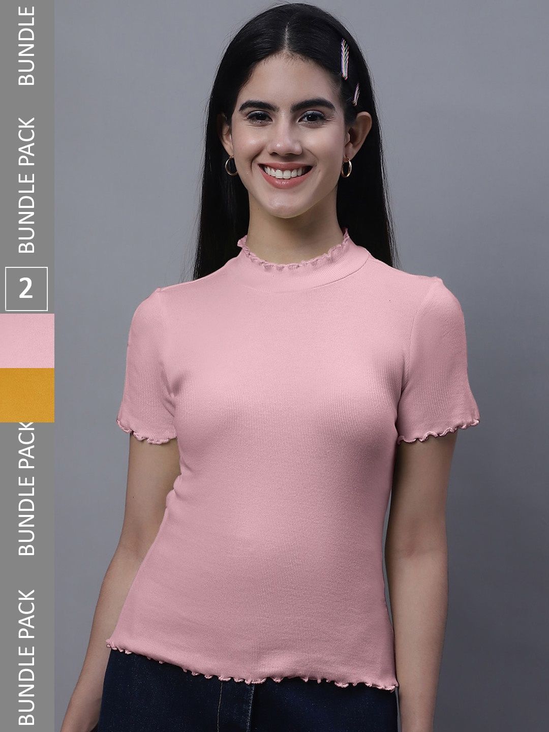 

FFBAR Pack Of 2 High Neck Ribbed Cotton Fitted Tops, Pink