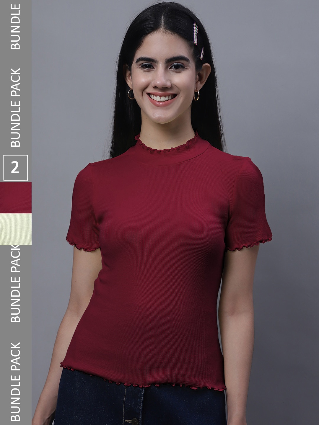 

FBAR Pack of 2 Ribbed High Neck Fitted Cotton Tops, Maroon