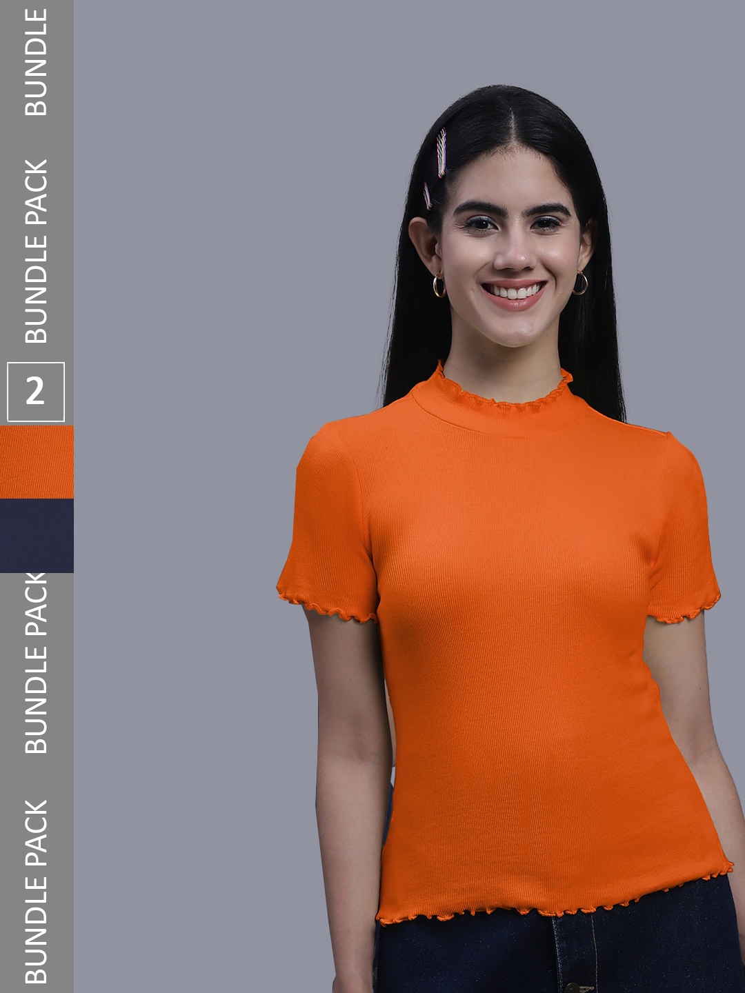 

FBAR Pack of 2 Ribbed High Neck Fitted Cotton Tops, Orange