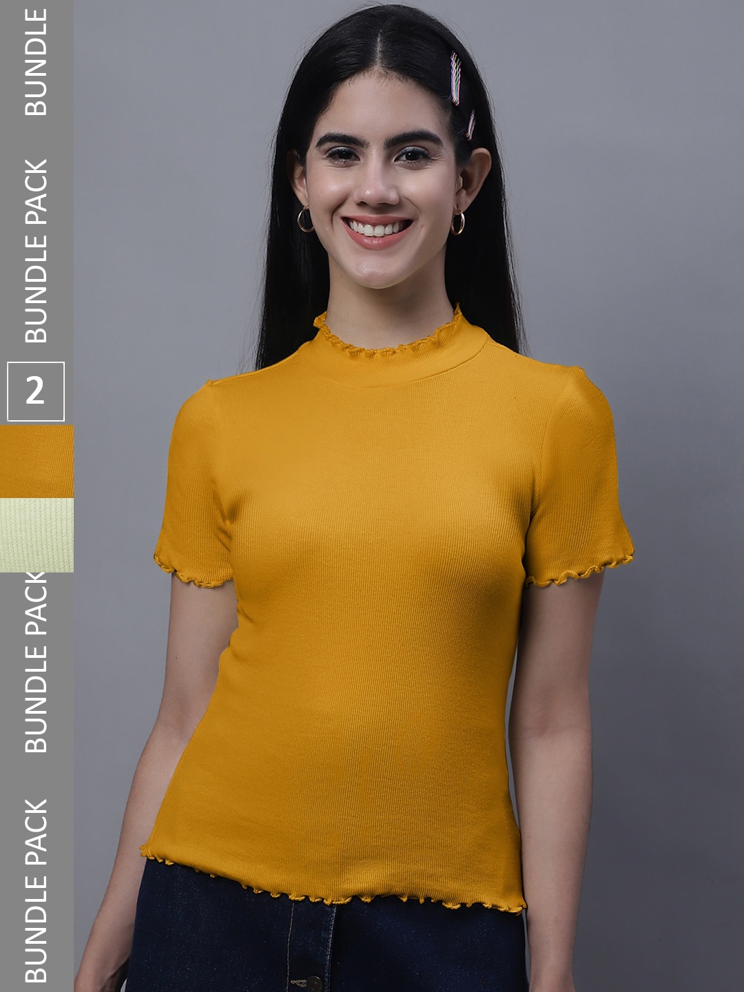 

FBAR Pack Of 2 High Neck Bio Washed Pure Cotton Ribbed Tops, Mustard