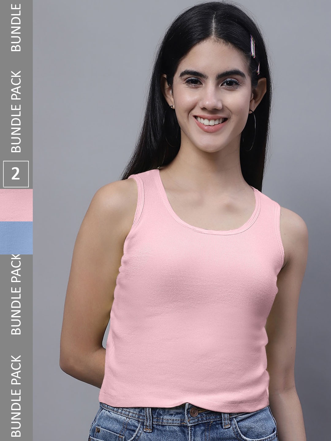 FBAR Pack Of 2 Sleeveless Bio Washed Pure Cotton Tank Tops, Pink