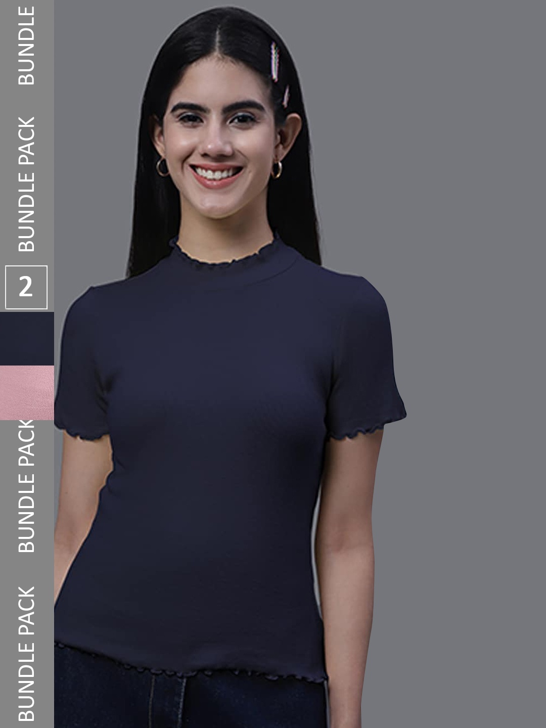 

FBAR Pack Of 2 Cotton Regular Top, Navy blue