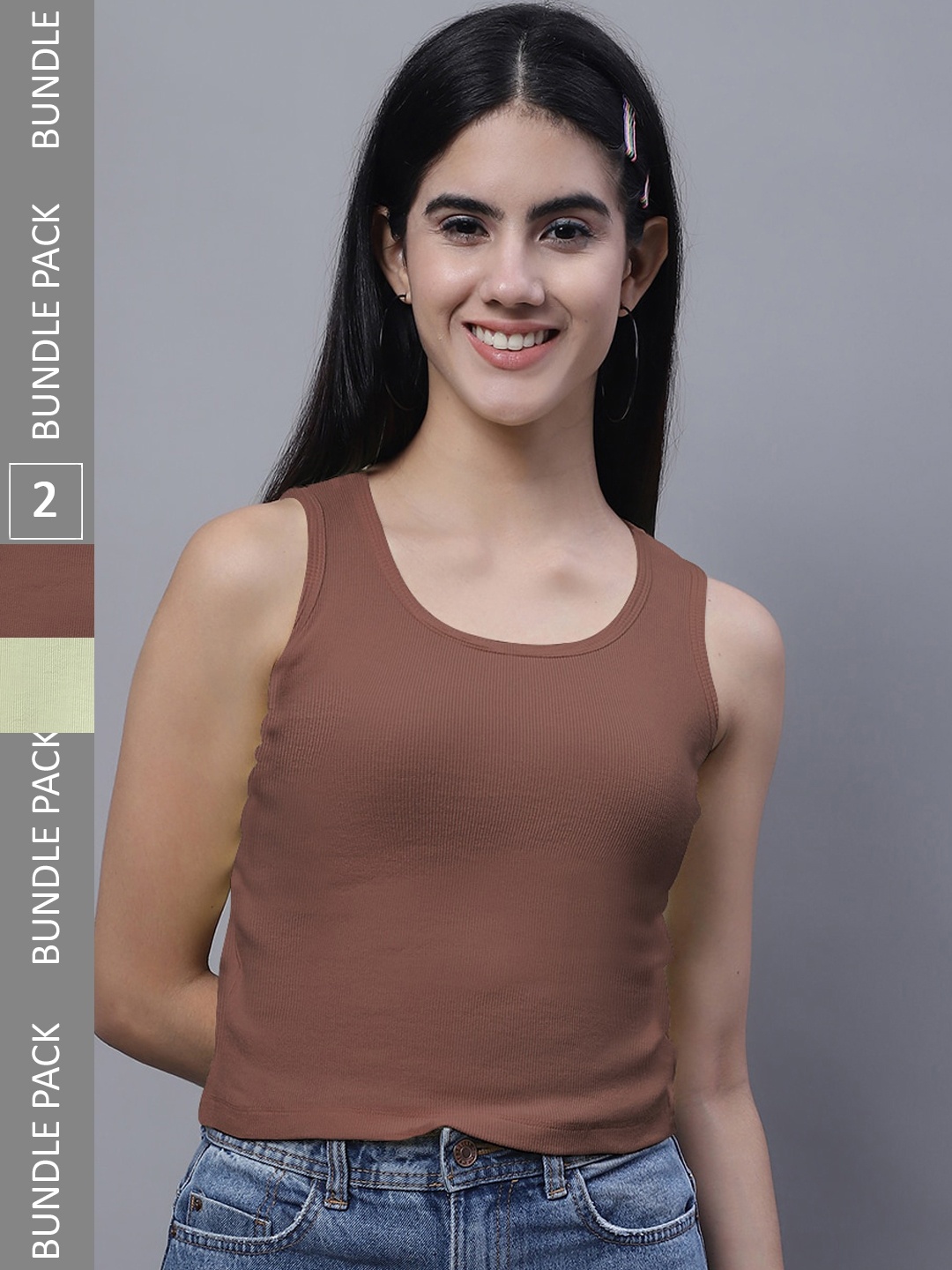 

FBAR Pack Of 2 Sleeveless Bio Washed Pure Cotton Tank Tops, Brown