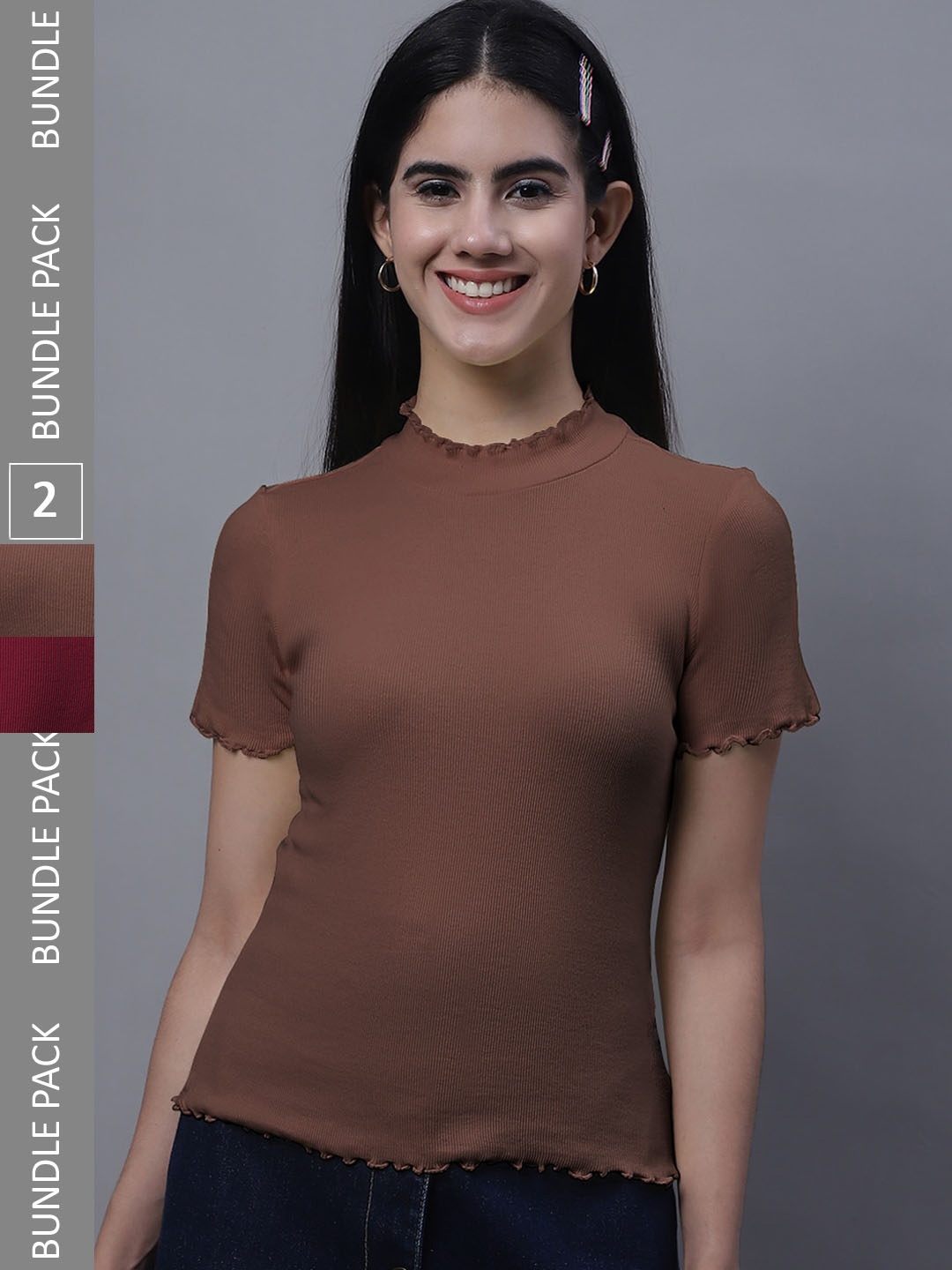 

FBAR Pack Of 2 High Neck Bio Washed Pure Cotton Ribbed Tops, Brown