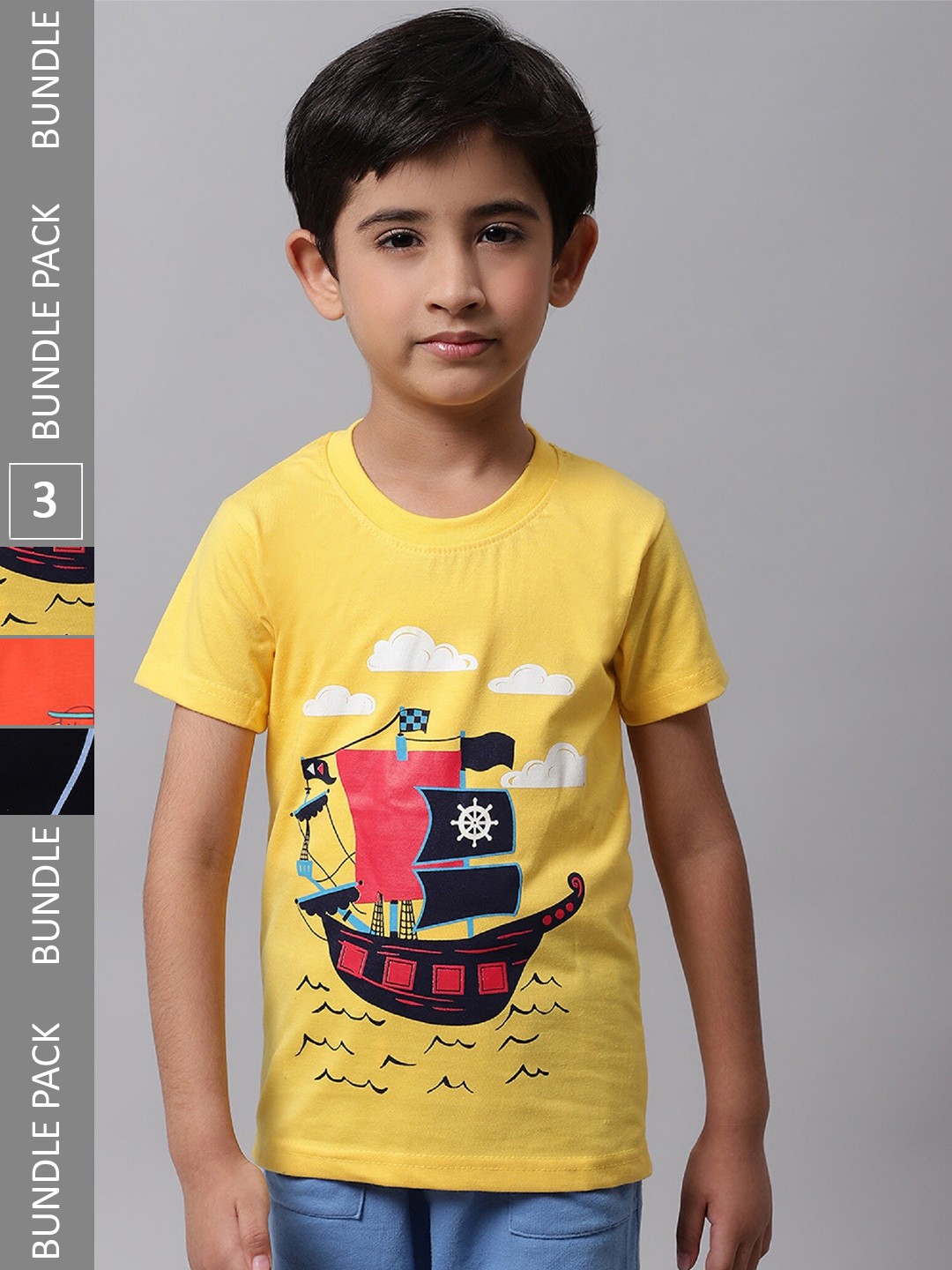 

BAESD Boys Pack Of 3 Graphic Printed Cotton T-shirts, Yellow