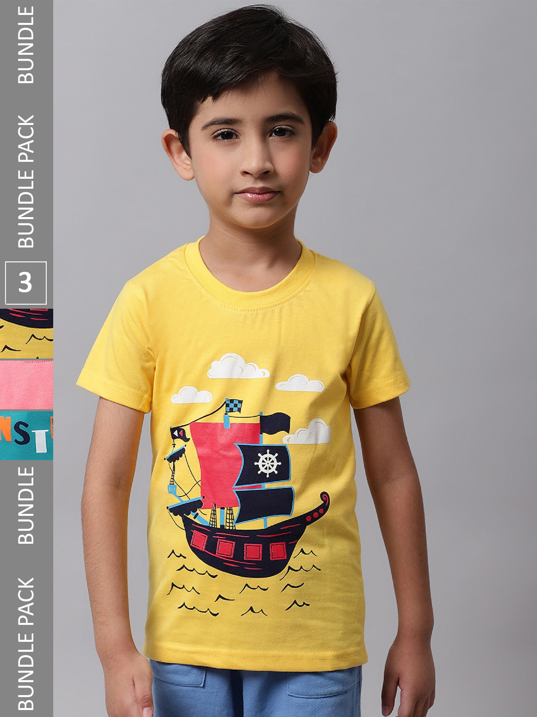 

BAESD Boys Pack Of 3 Graphic Printed Cotton T-Shirt, Yellow