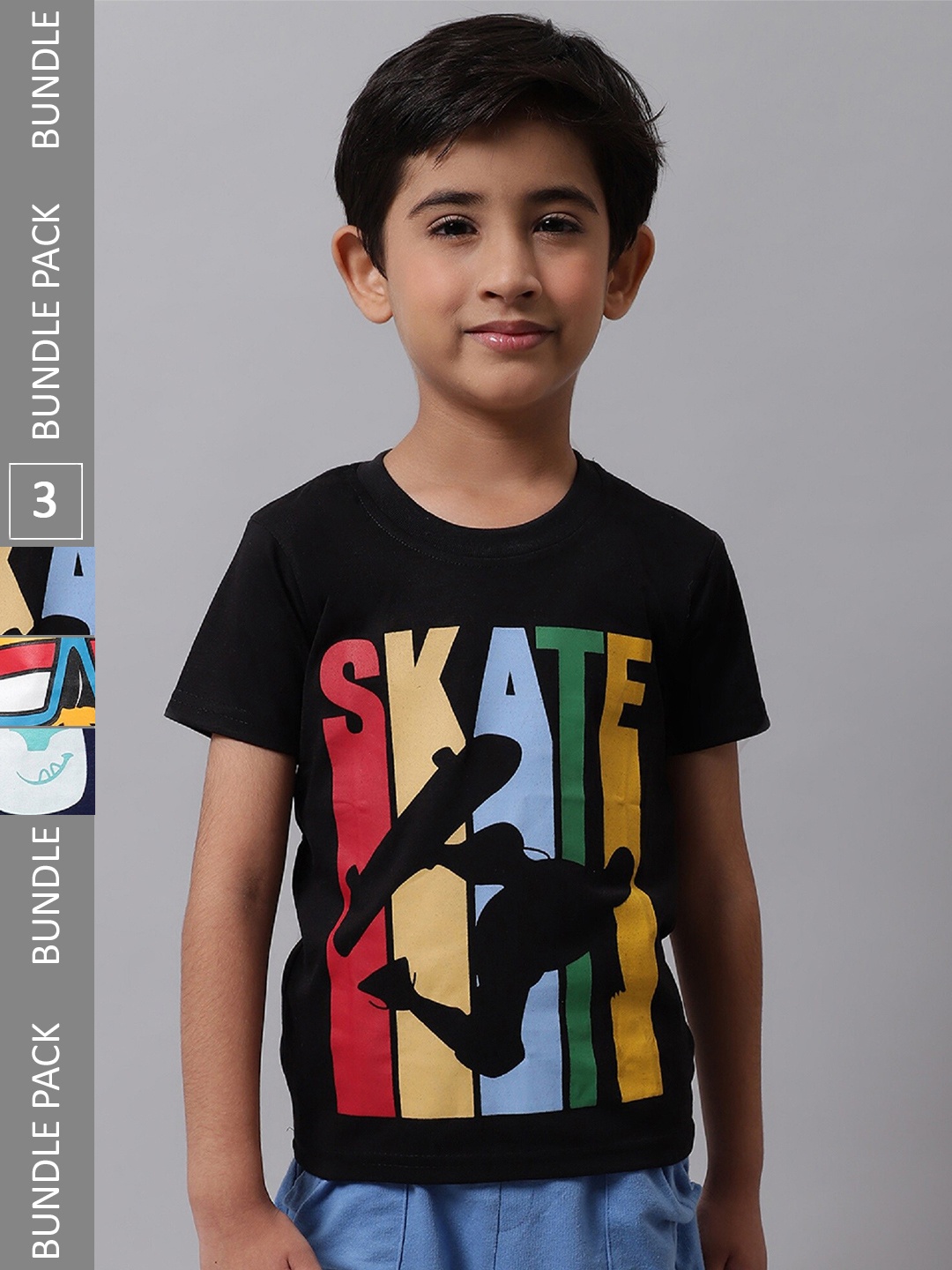 

BAESD Boys Pack Of 3 Printed Round Neck Cotton T-shirts, Black