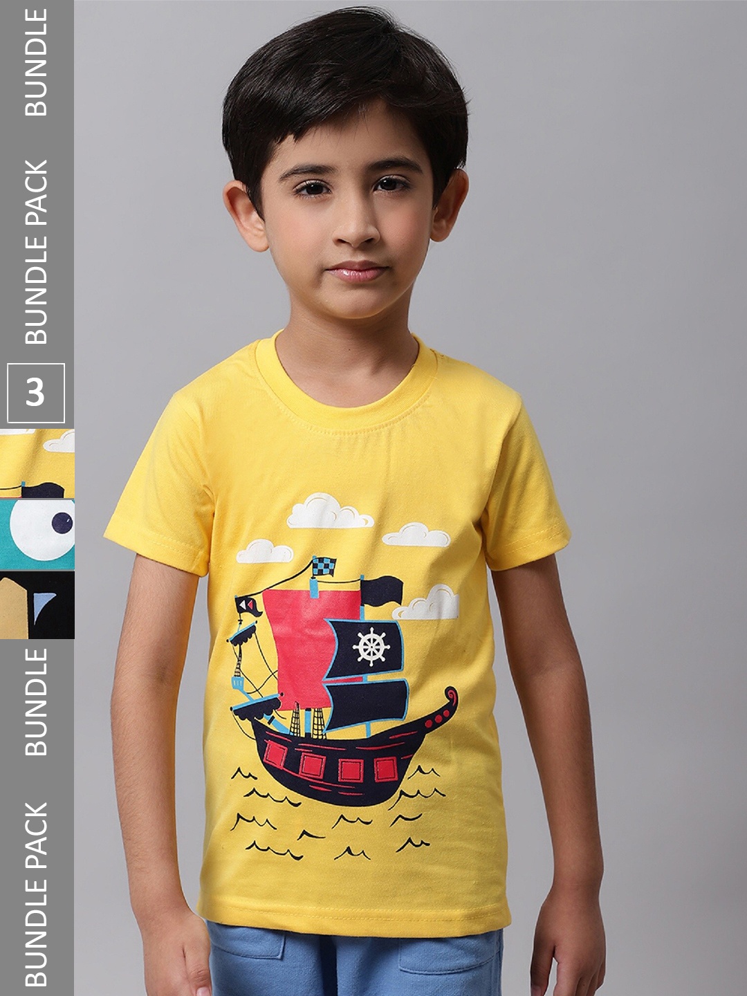 

BAESD Boys Pack Of 3 Graphic Printed Cotton T-shirts, Yellow