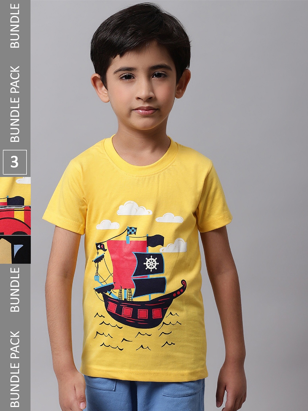 

BAESD Boys Pack Of 3 Graphic Printed Cotton T-shirt, Yellow