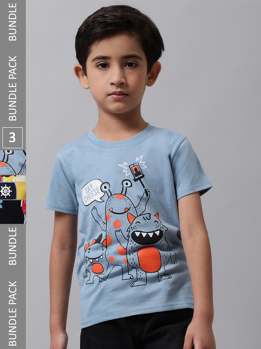 

BAESD Boys Pack Of 3 Graphic Printed Cotton T-shirt, Blue