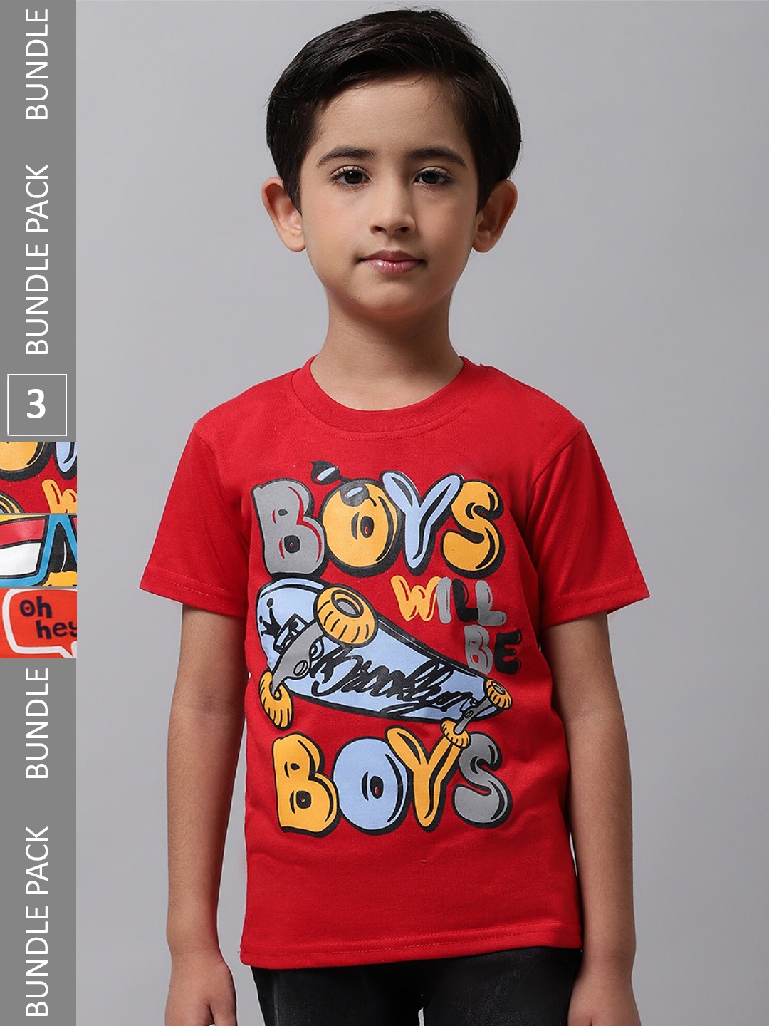 

BAESD Boys Pack Of 3 Typography Printed Regular Fit Cotton Tshirt, Red