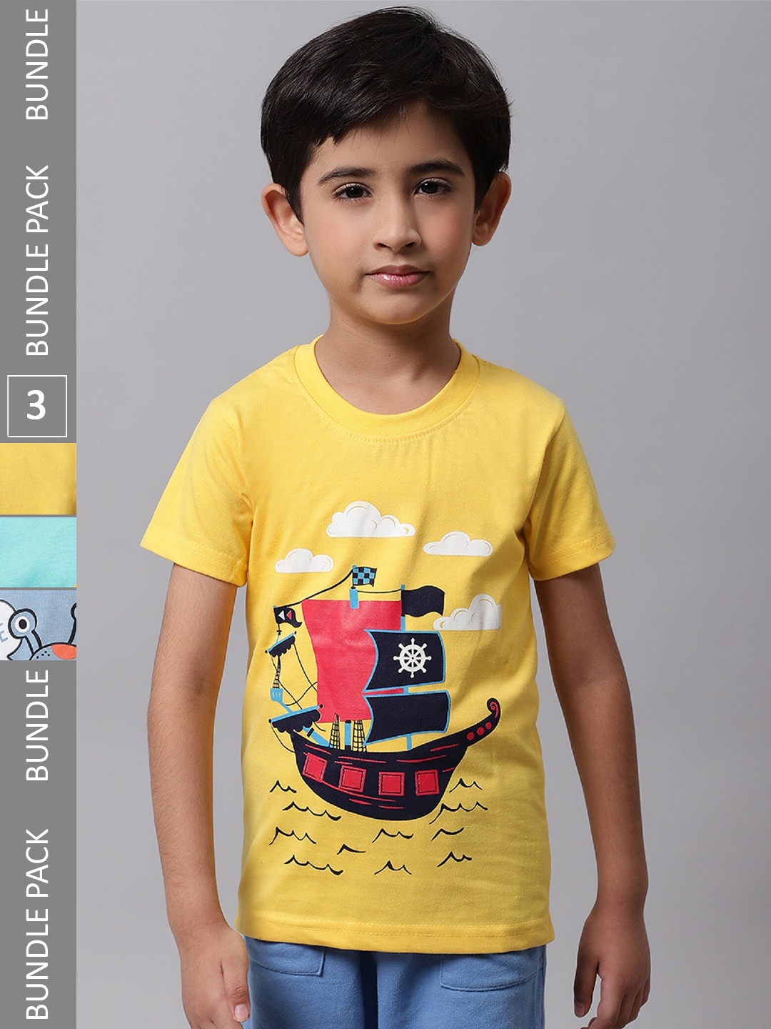 

BAESD Boys Pack Of 3 Graphic Printed Cotton T-Shirts, Yellow