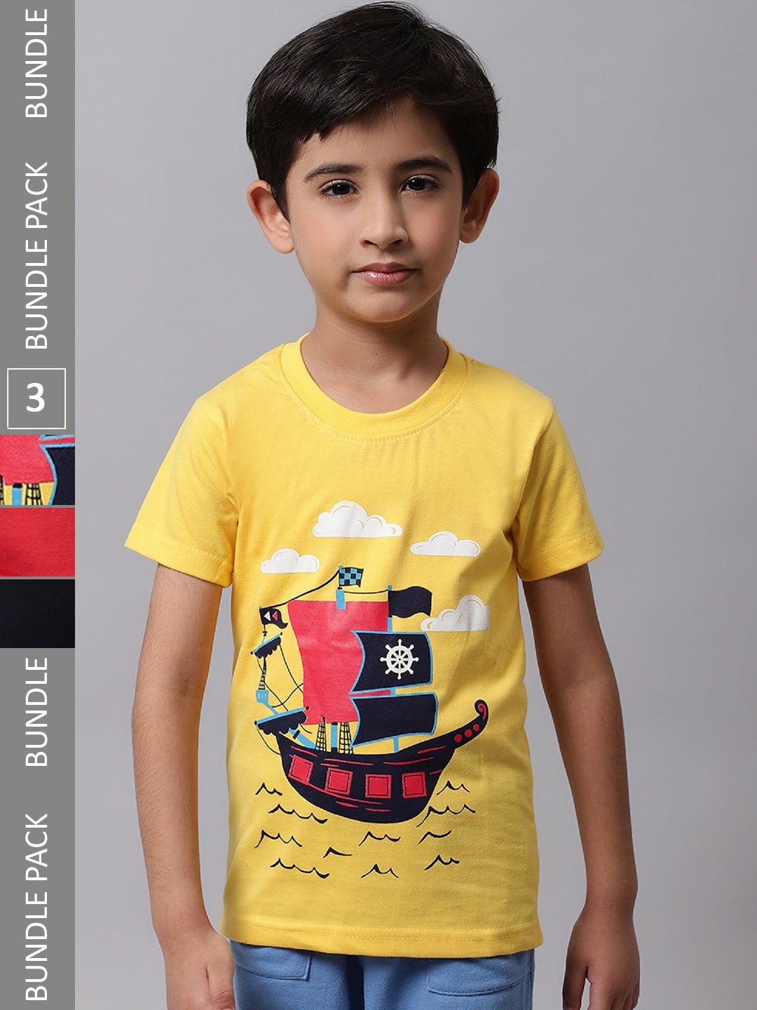 

BAESD Boys Pack Of 3 Graphic Printed Cotton T-Shirt, Yellow