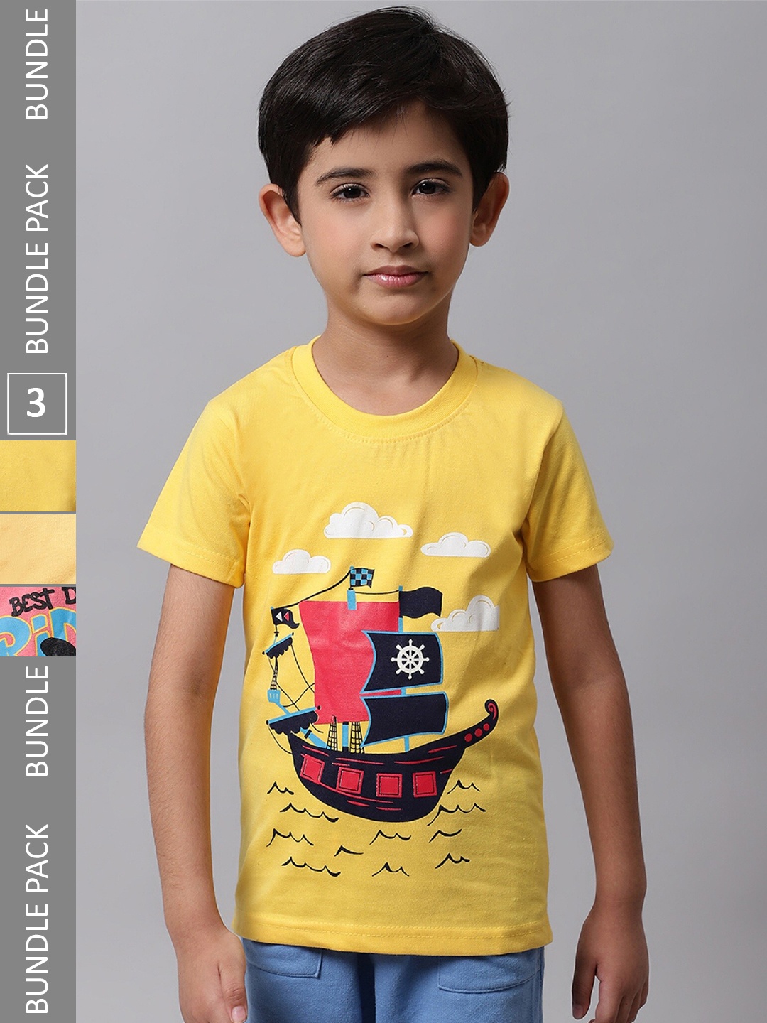 

BAESD Boys Pack Of 3 Graphic Printed Cotton T-shirts, Yellow