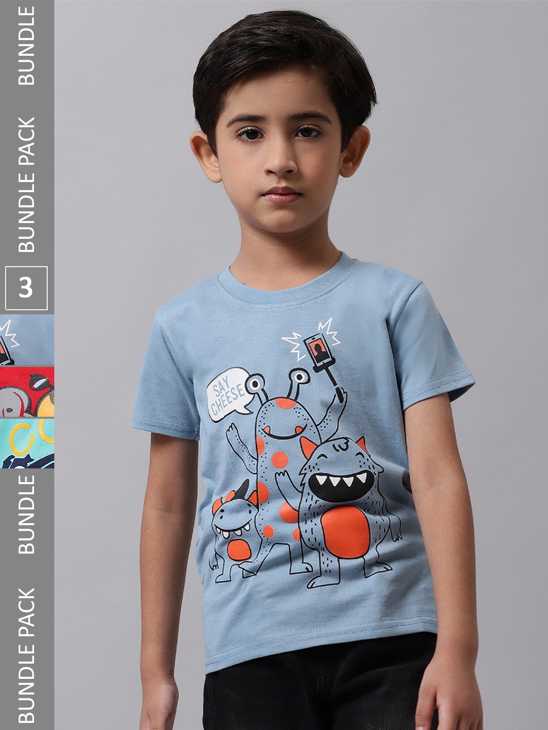

BAESD Boys Pack Of 3 Graphic Printed Regular Fit Cotton Tshirt, Blue