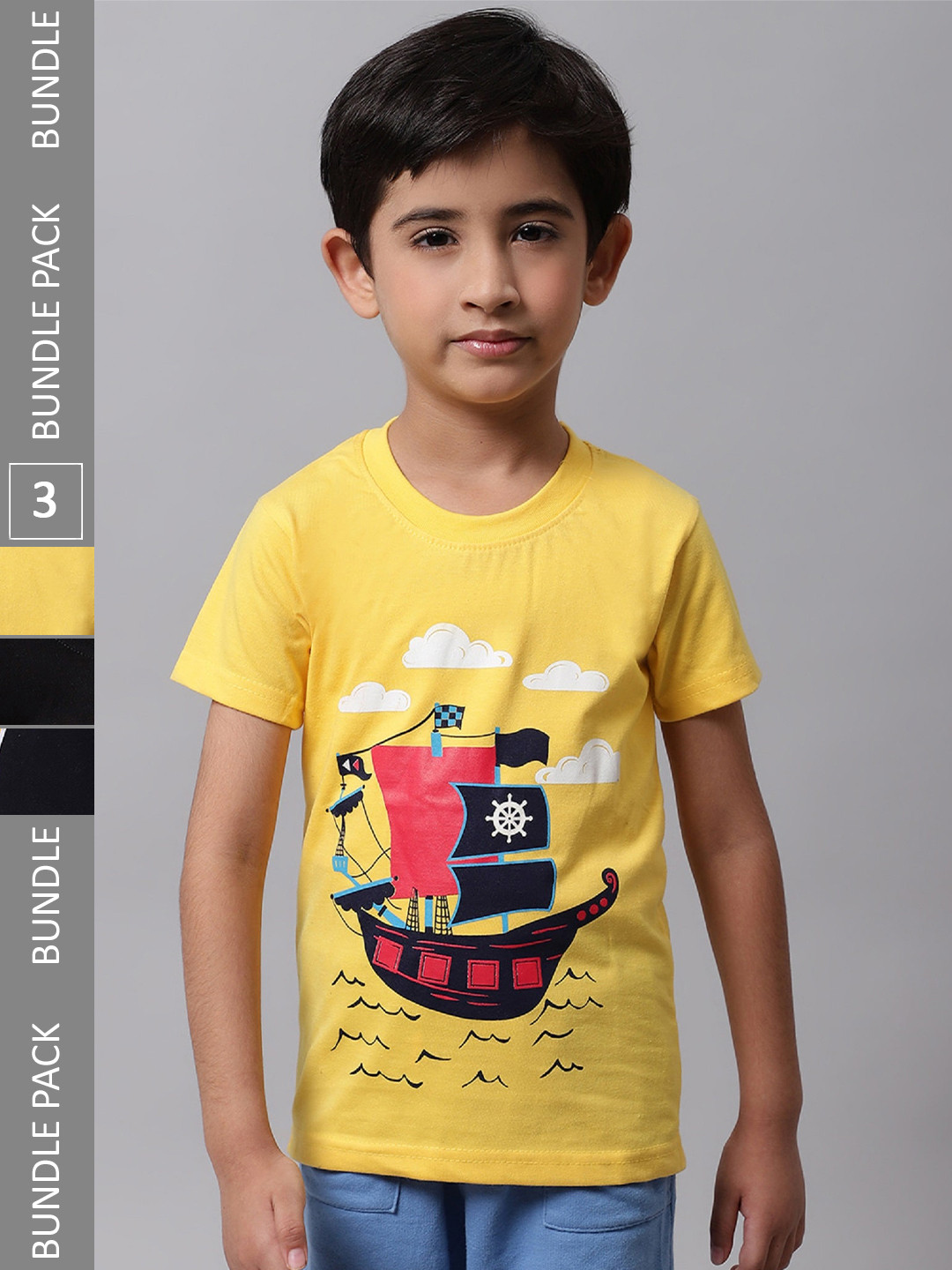 

BAESD Boys Pack Of 3 Graphic Printed Cotton T-Shirt, Yellow