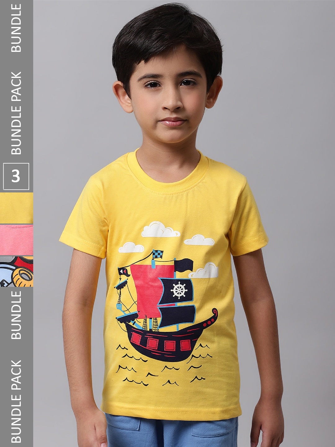 

BAESD Boys Pack Of 3 Graphic Printed Cotton T-shirt, Yellow