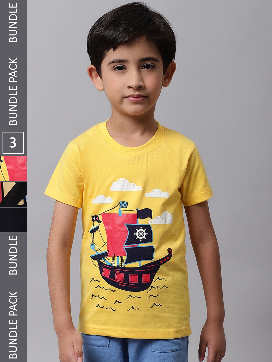 

BAESD Boys Pack Of 3 Graphic Printed Cotton T-shirt, Yellow