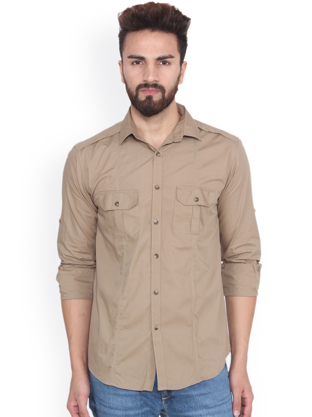 

Hangup Men Beige Regular Fit Solid Casual Shirt