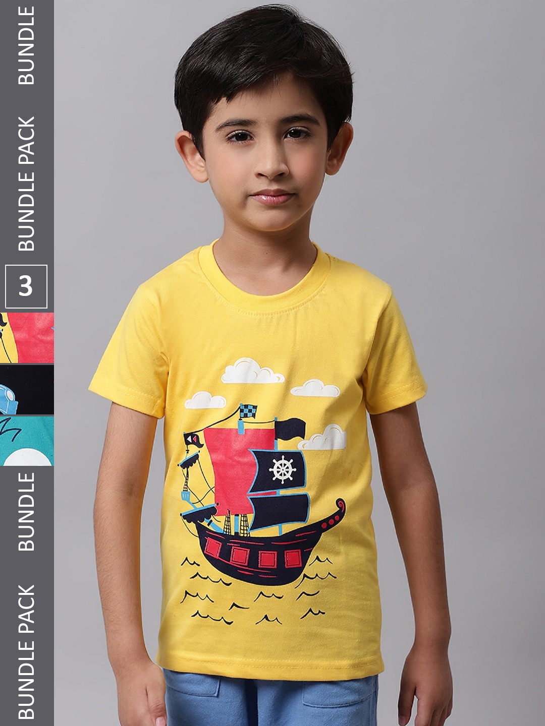 

BAESD Boys Pack Of 3 Graphic Printed Cotton T-shirt, Yellow