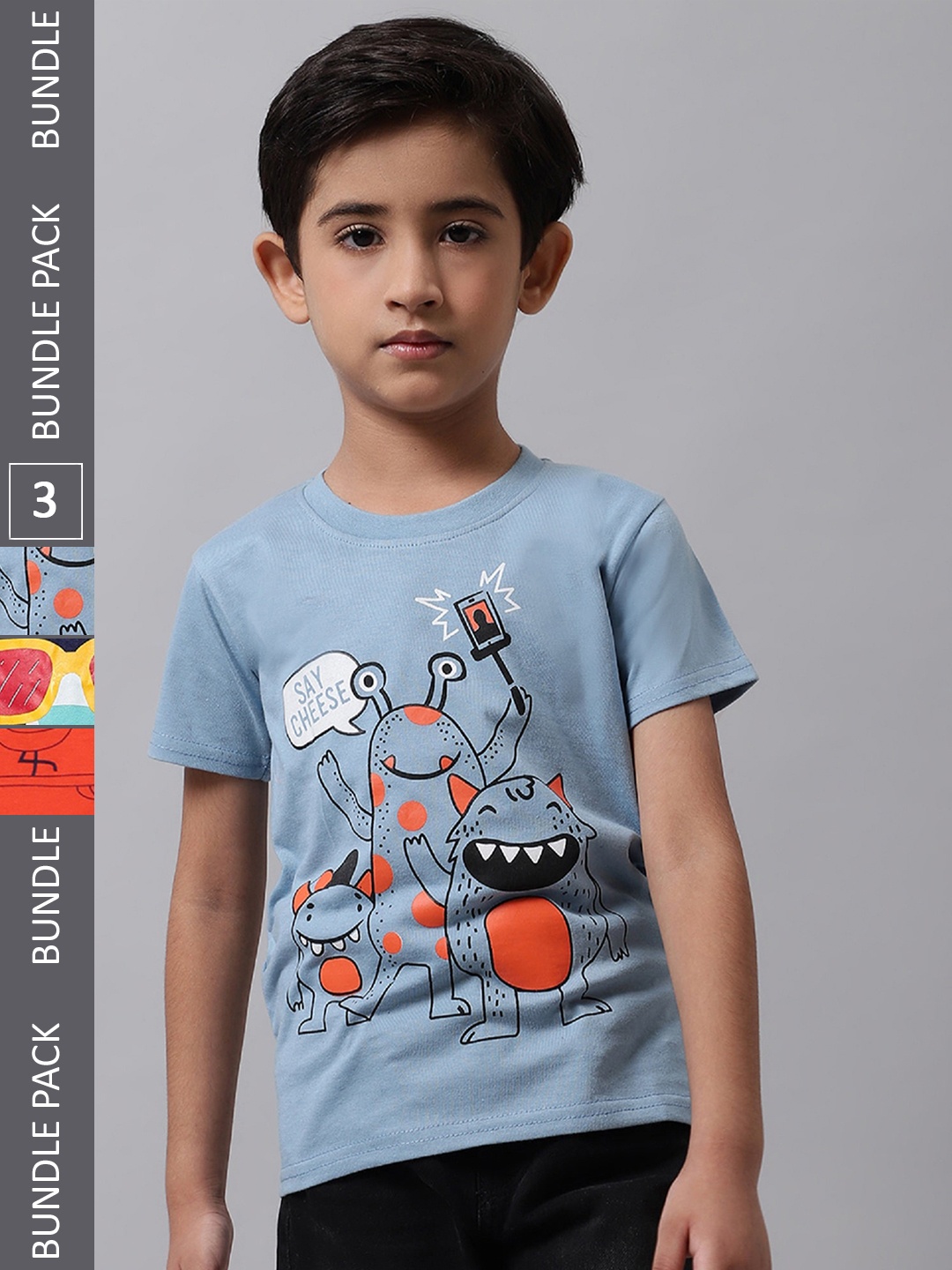 

BAESD Boys Pack Of 3 Printed Round Neck Cotton T-shirts, Blue